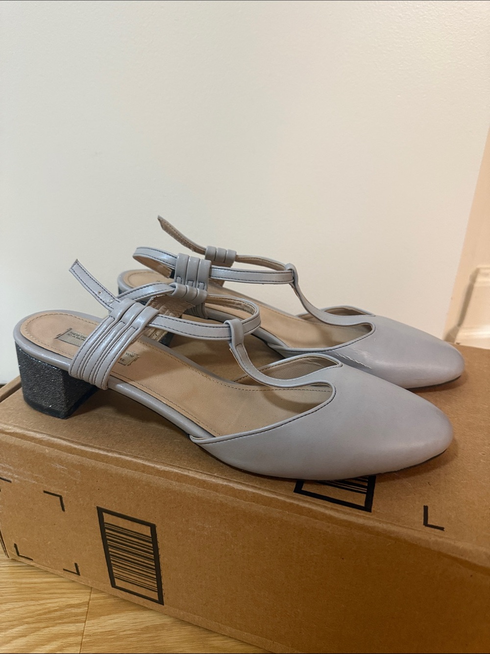 Women's Grey Slingback Low Block Heel Pumps